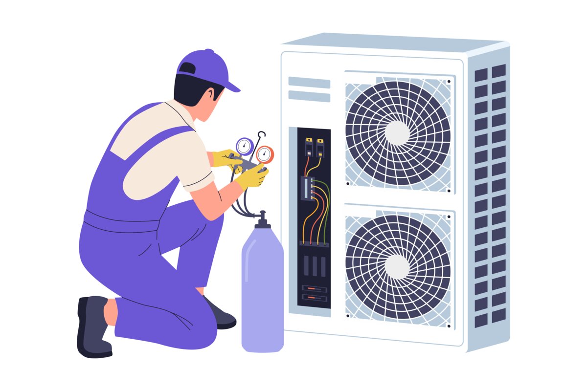 ARCtick licensed technician charging refrigerant into an air conditioner outdoor unit with manifold gauges and a refrigerant cylinder