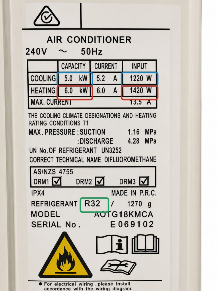 Example air conditioner rating plate showing the cooling row, heating row and refrigerant